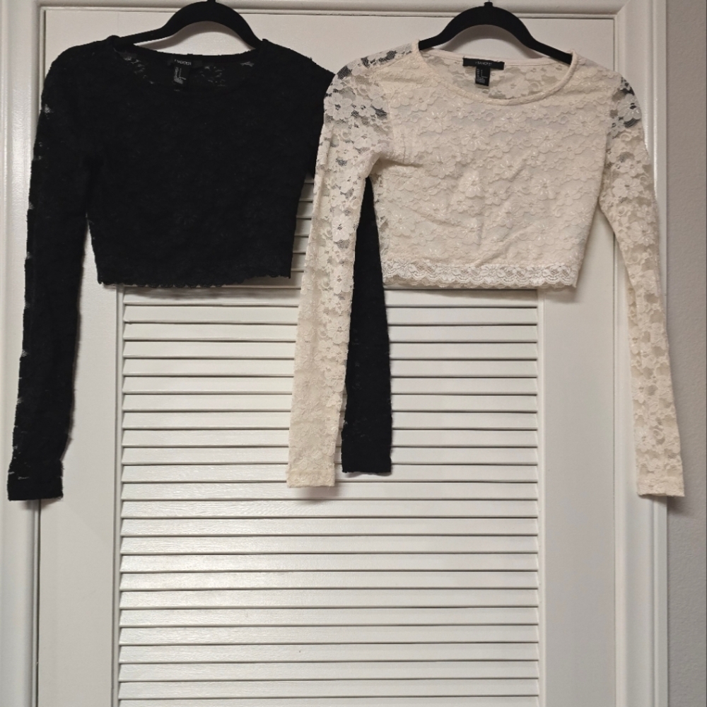 Forever 21 - Two Black & White Floral Lace Long-Sleeve Crop Tops Bundle